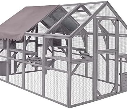 Aivituvin Cat Run Large Cat Enclosure Wooden Cat Catio Outdoor Kitty House with Bridges, Walks, Small Houses, Roof Cover 110 Inch